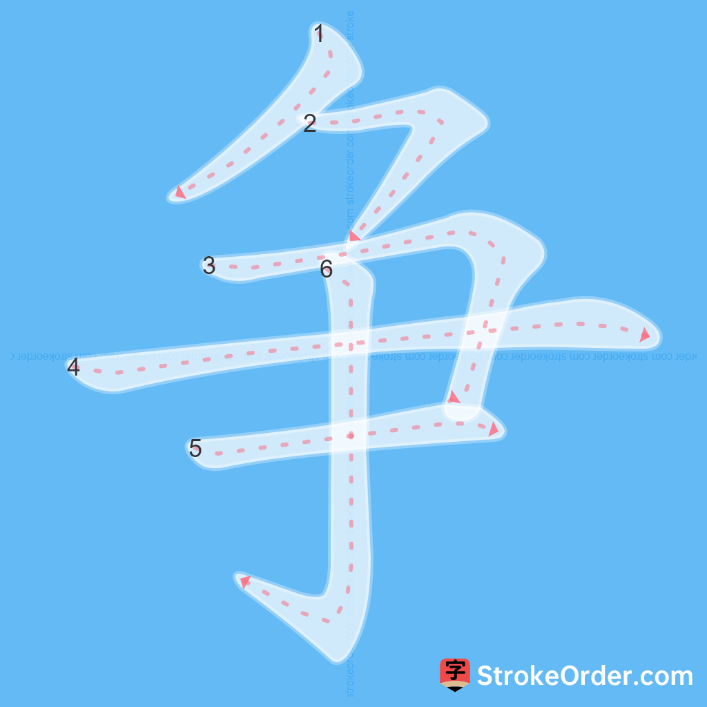 Standard stroke order for the Chinese character 争