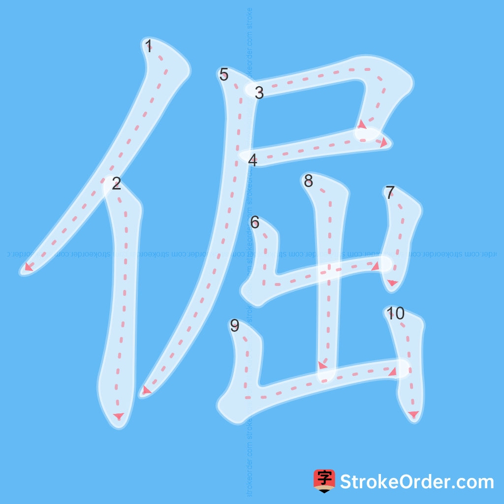 Standard stroke order for the Chinese character 倔