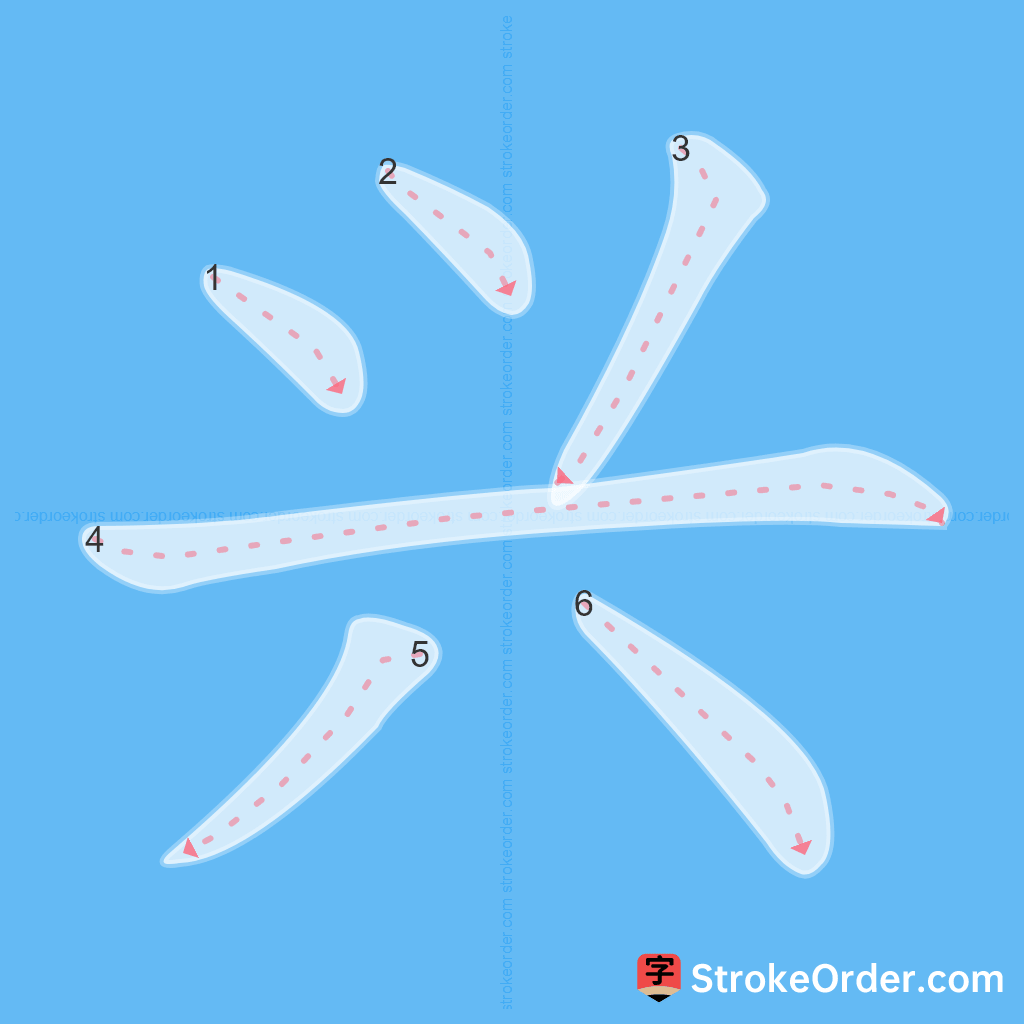 Standard stroke order for the Chinese character 兴