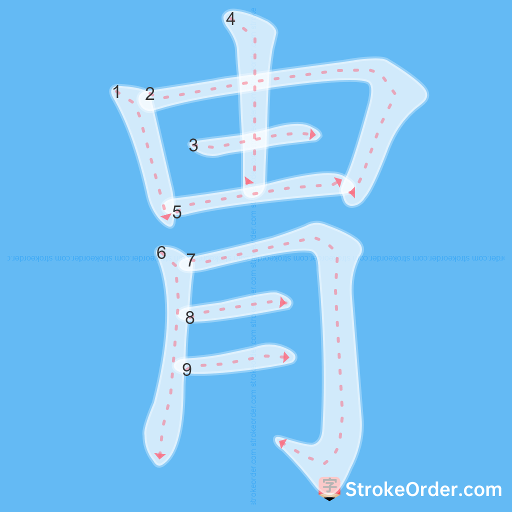 Standard stroke order for the Chinese character 冑