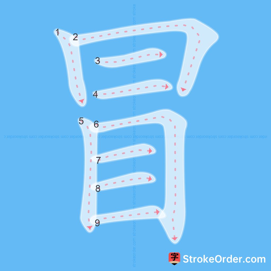 Standard stroke order for the Chinese character 冒