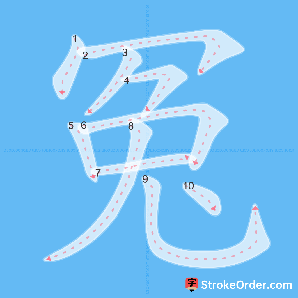 Standard stroke order for the Chinese character 冤