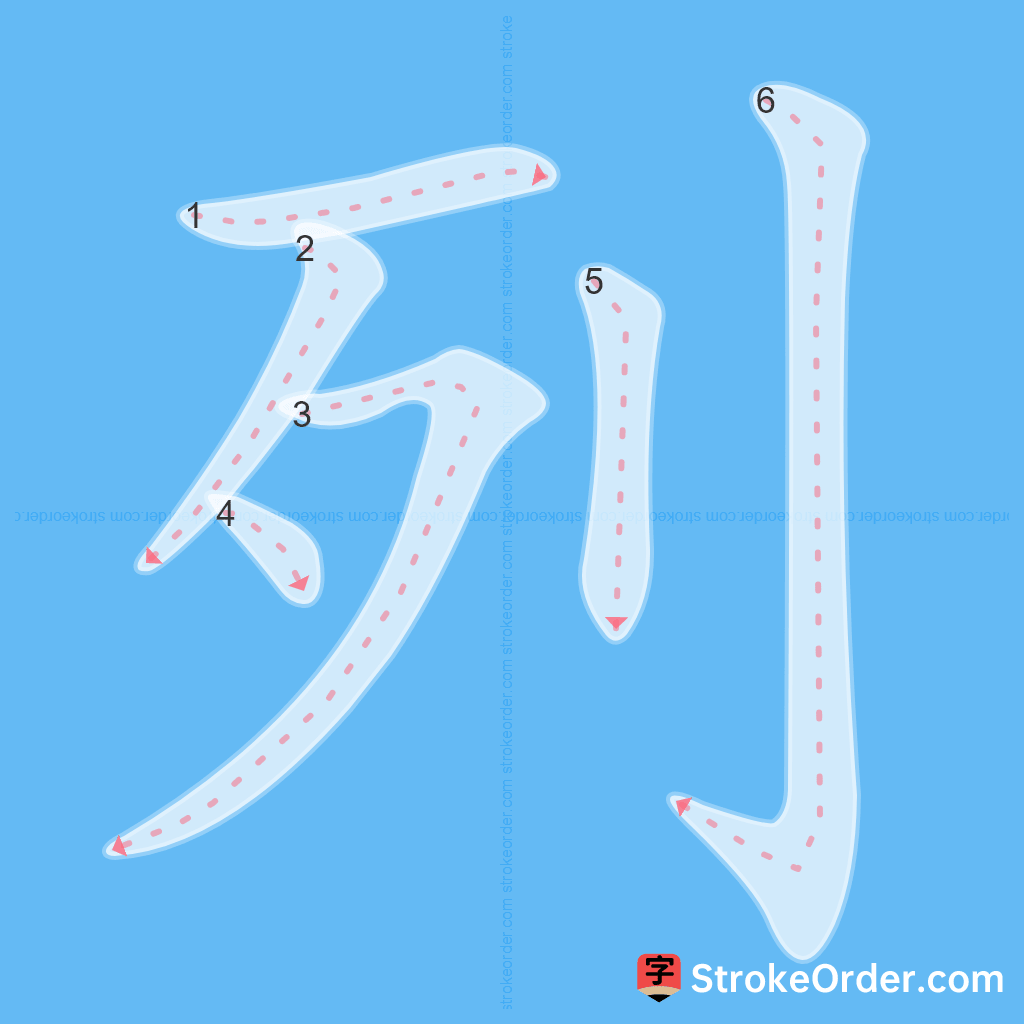 Standard stroke order for the Chinese character 列