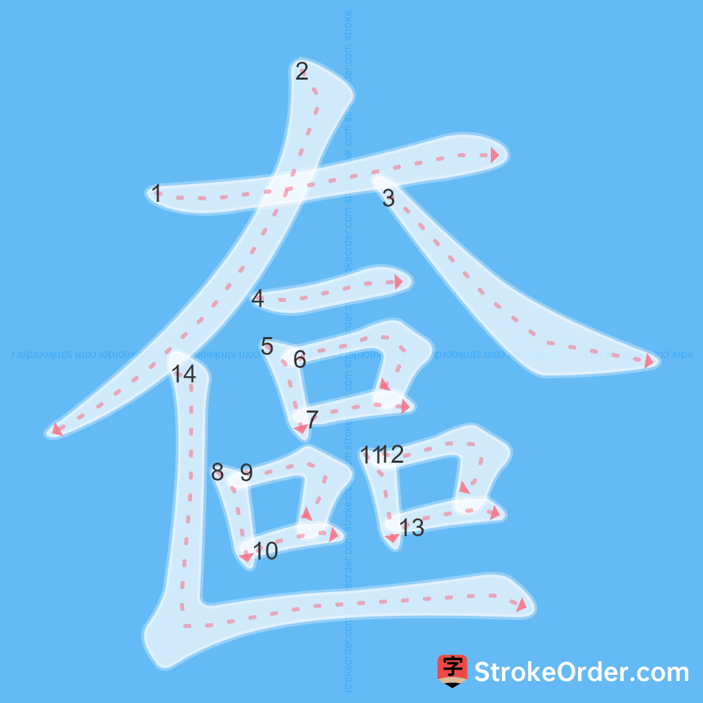 Standard stroke order for the Chinese character 奩