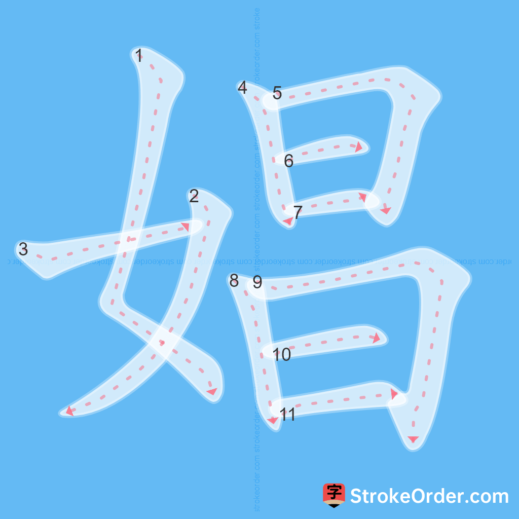 Standard stroke order for the Chinese character 娼