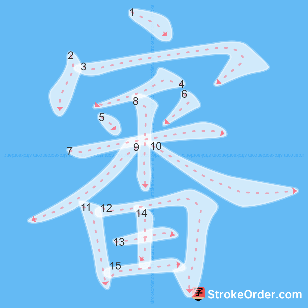 Standard stroke order for the Chinese character 審