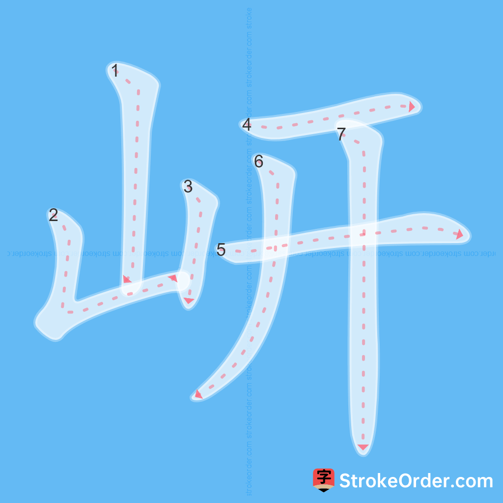 Standard stroke order for the Chinese character 岍