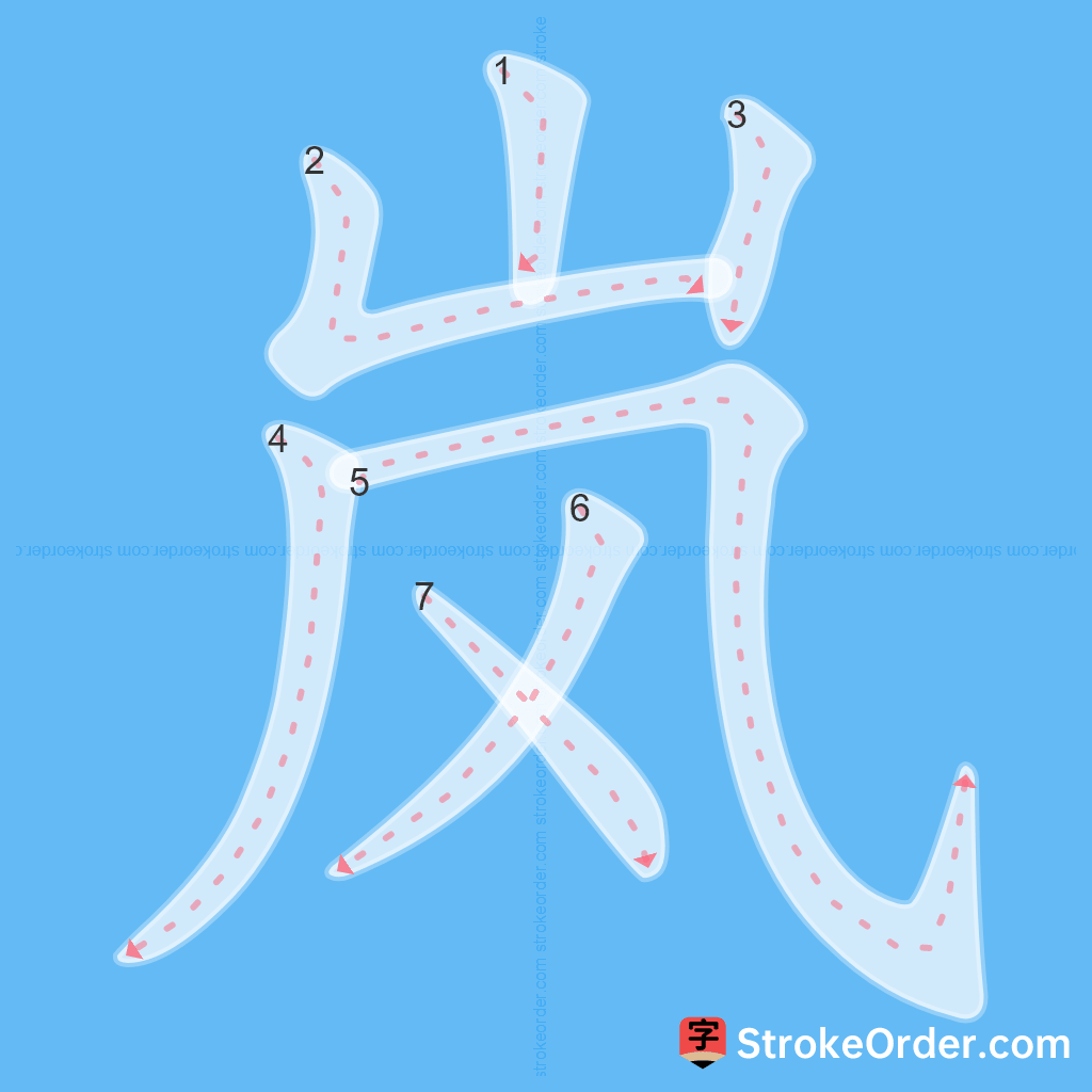 Standard stroke order for the Chinese character 岚