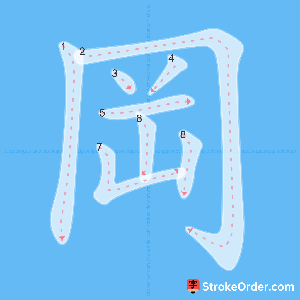 Standard stroke order for the Chinese character 岡