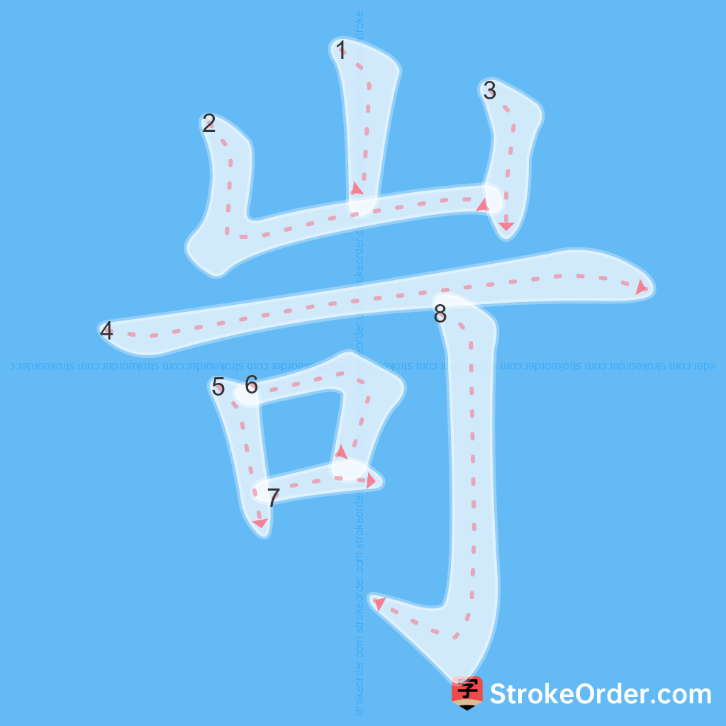 Standard stroke order for the Chinese character 岢