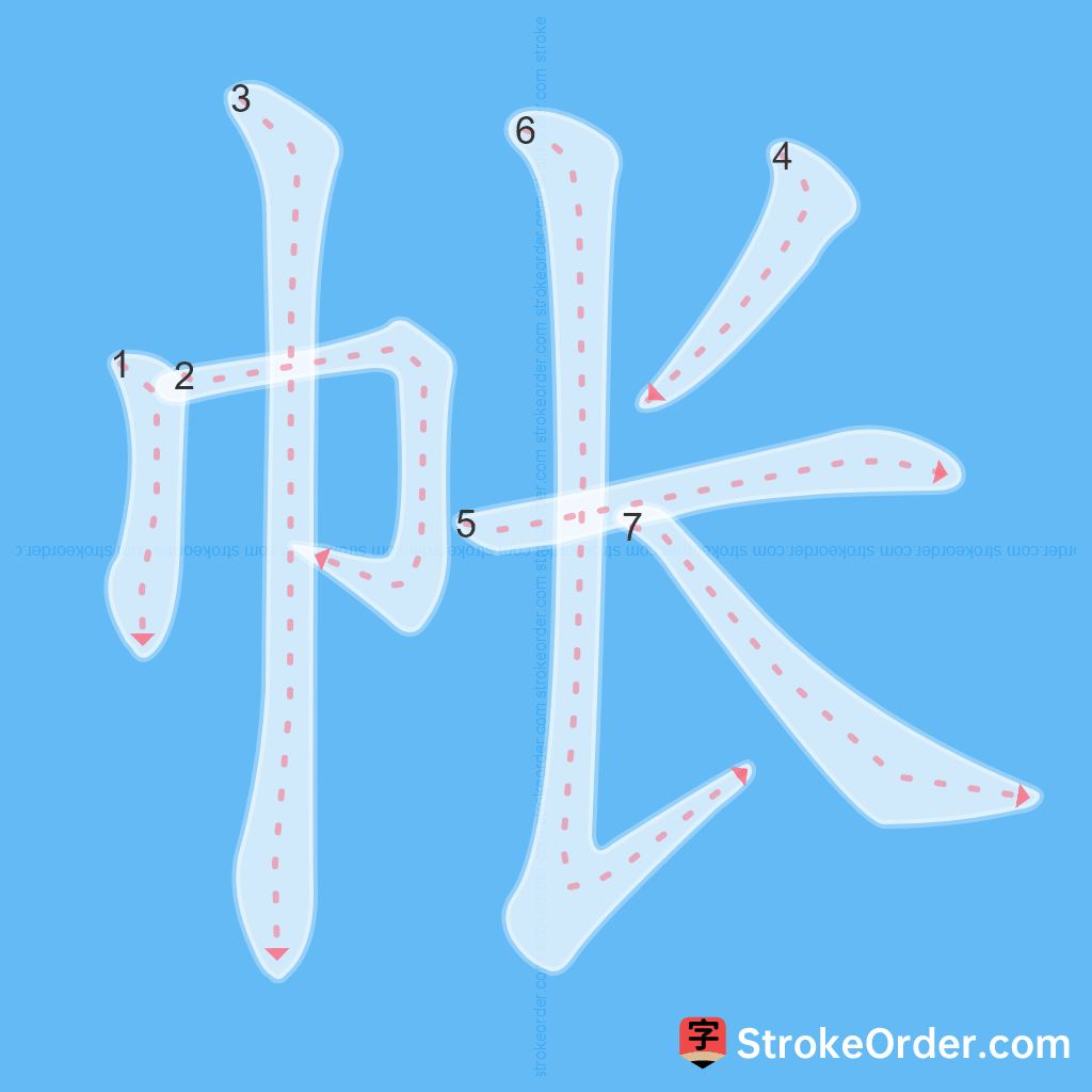 Standard stroke order for the Chinese character 帐