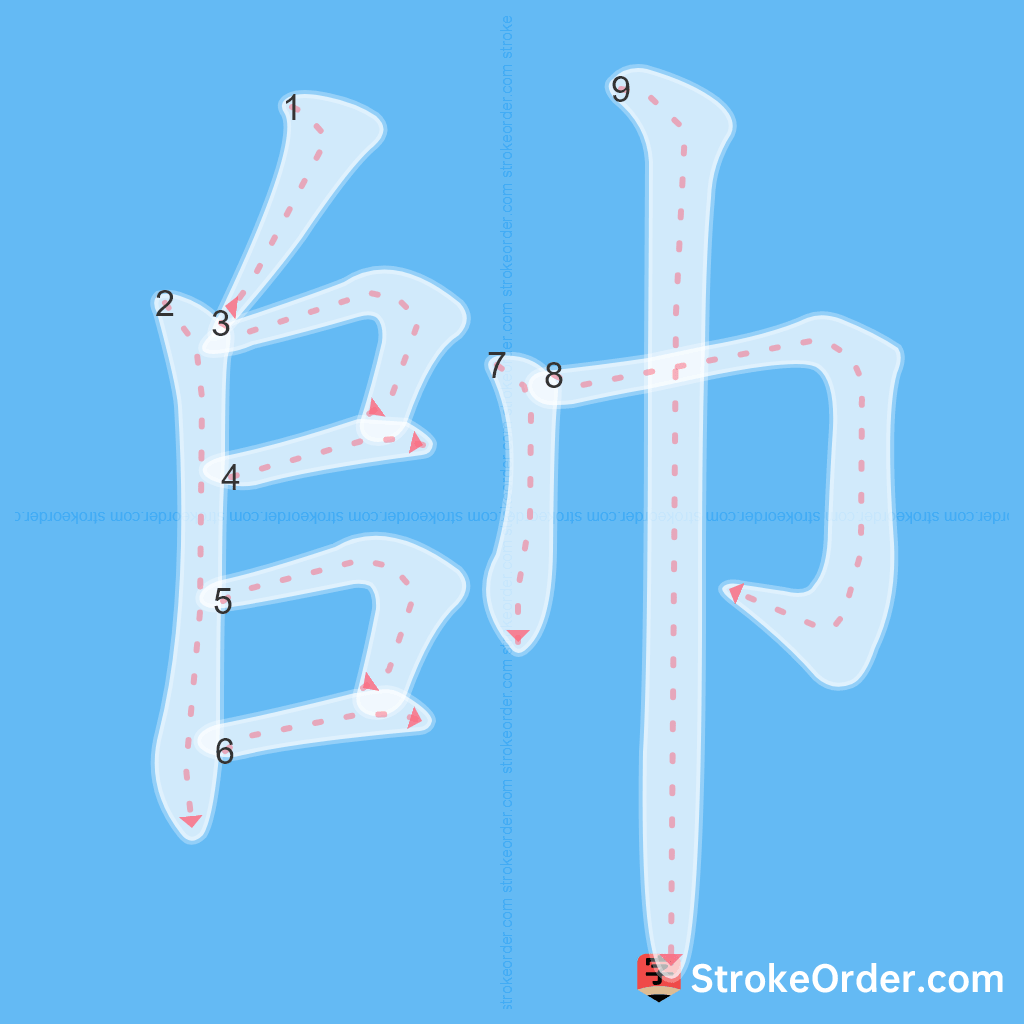 Standard stroke order for the Chinese character 帥