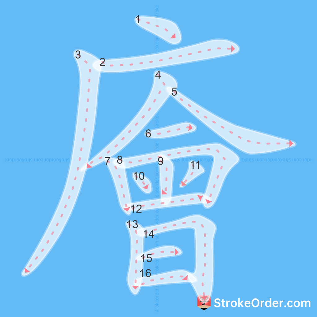 Standard stroke order for the Chinese character 廥