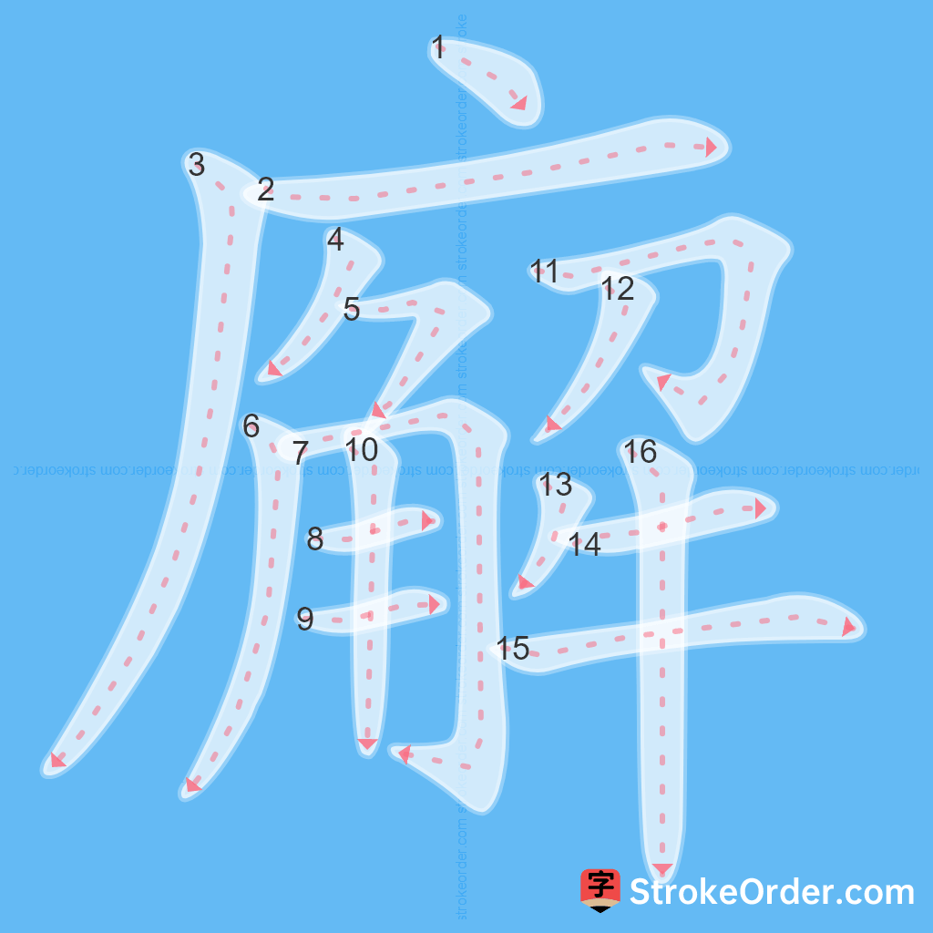 Standard stroke order for the Chinese character 廨