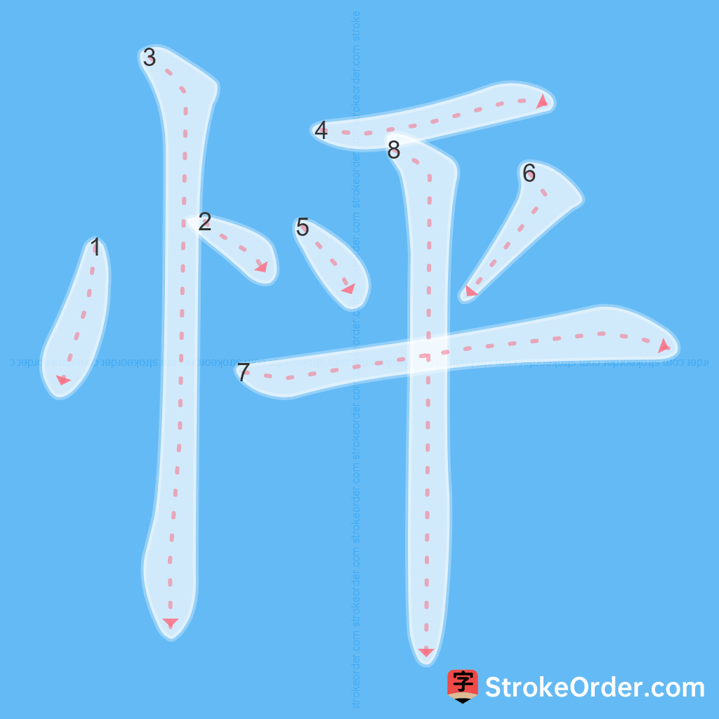 Standard stroke order for the Chinese character 怦