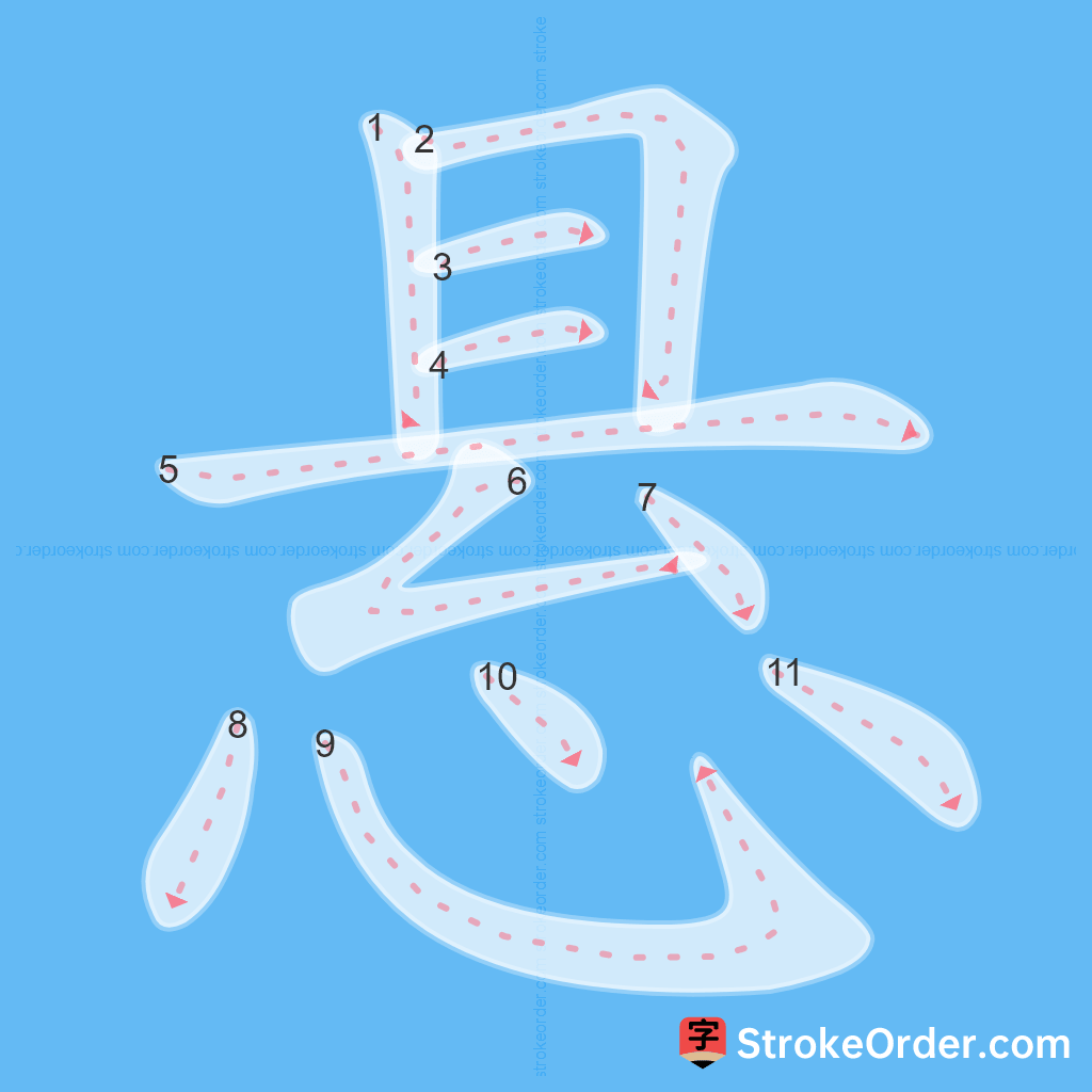 Standard stroke order for the Chinese character 悬