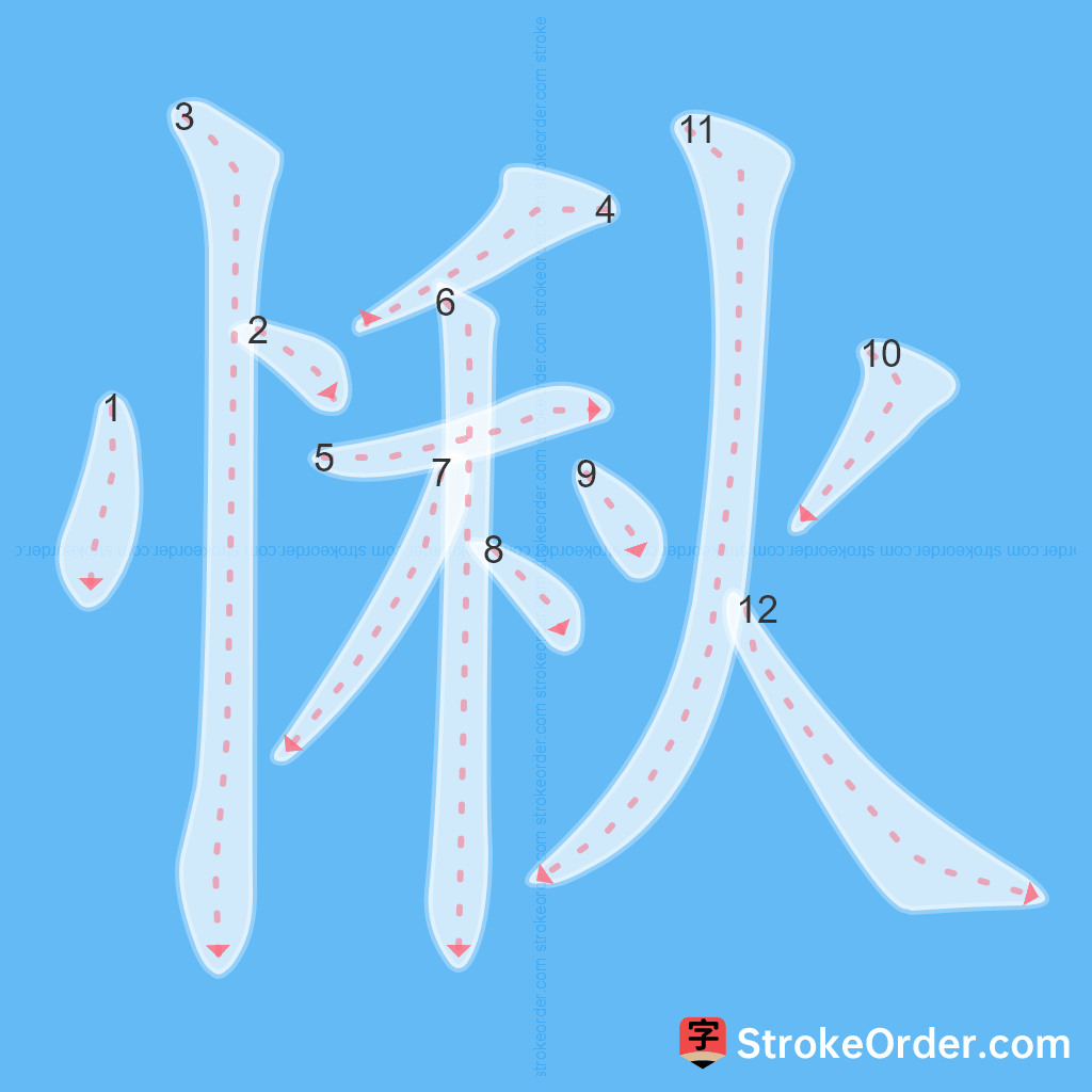 Standard stroke order for the Chinese character 愀