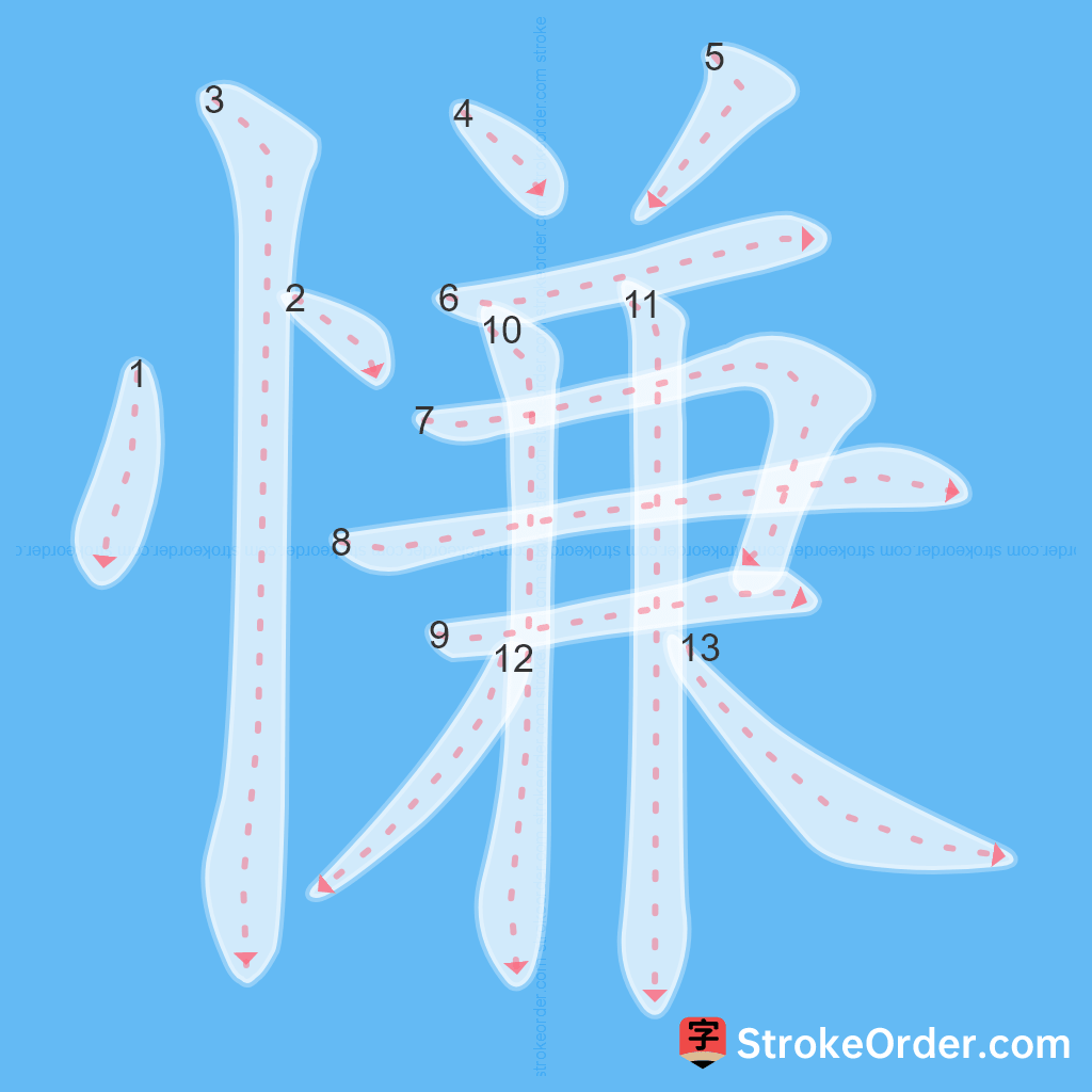 Standard stroke order for the Chinese character 慊