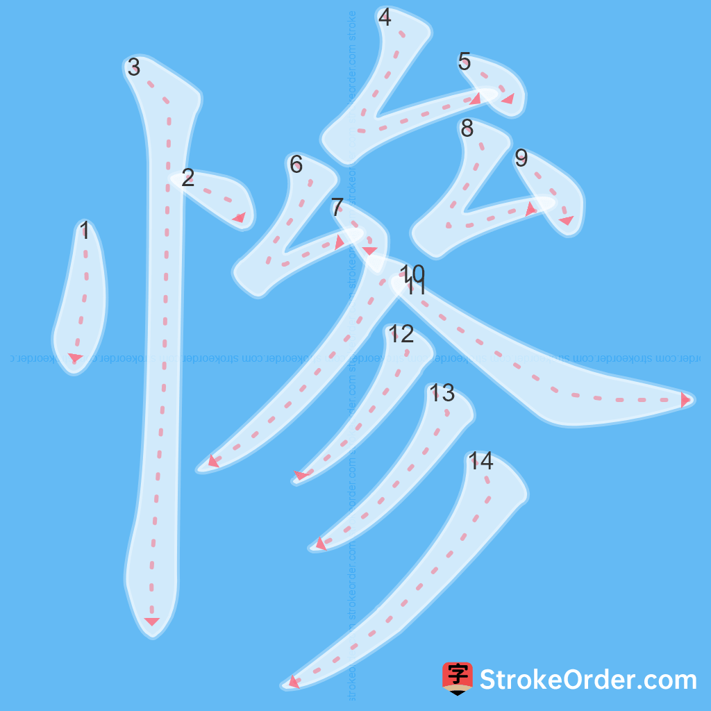 Standard stroke order for the Chinese character 慘