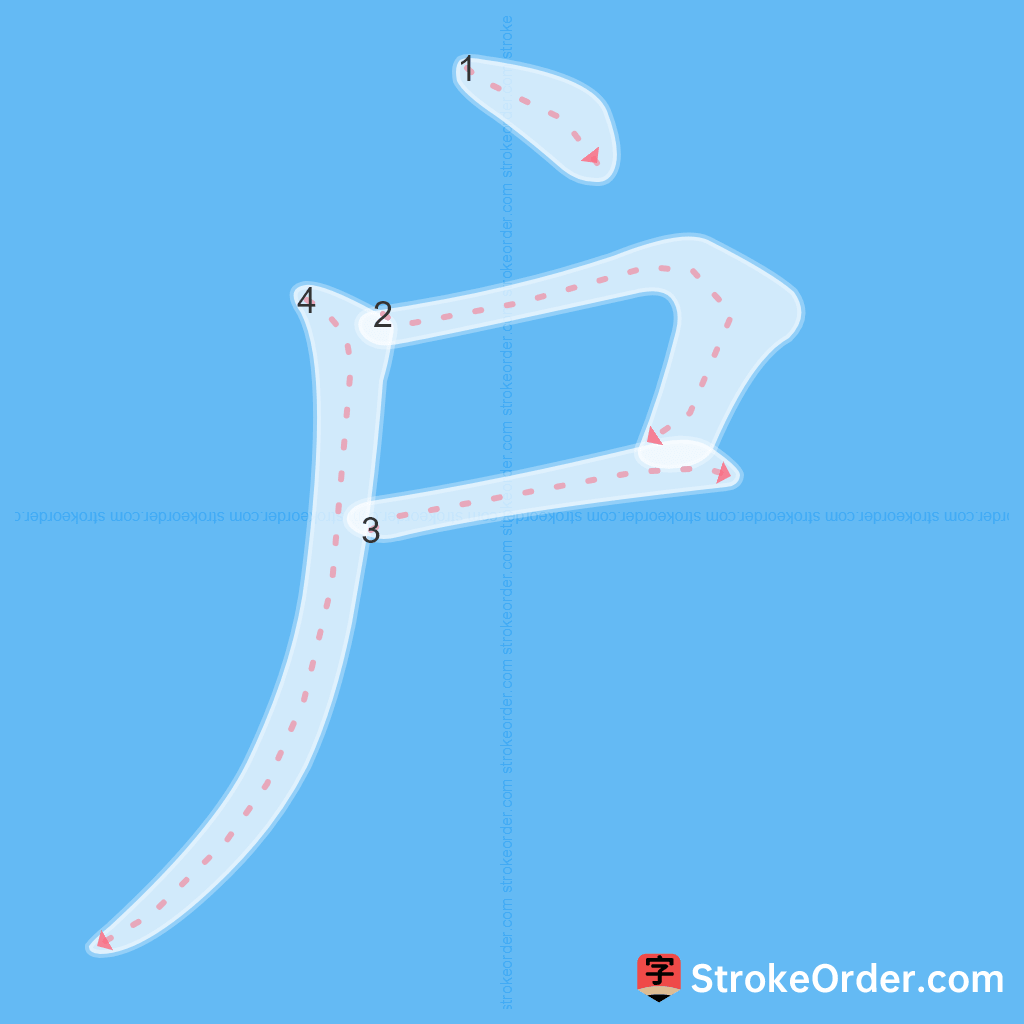 Standard stroke order for the Chinese character 戶