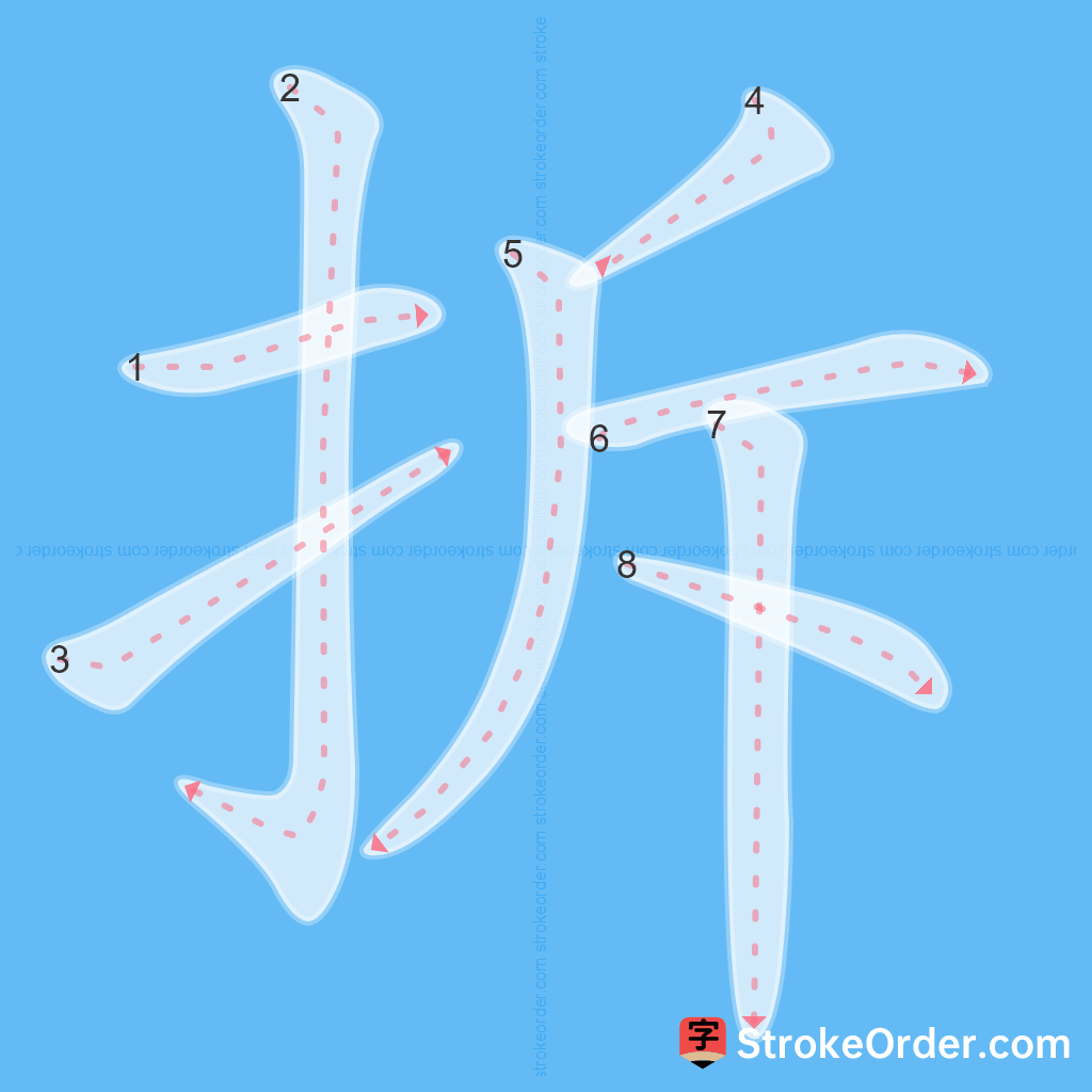 Standard stroke order for the Chinese character 拆