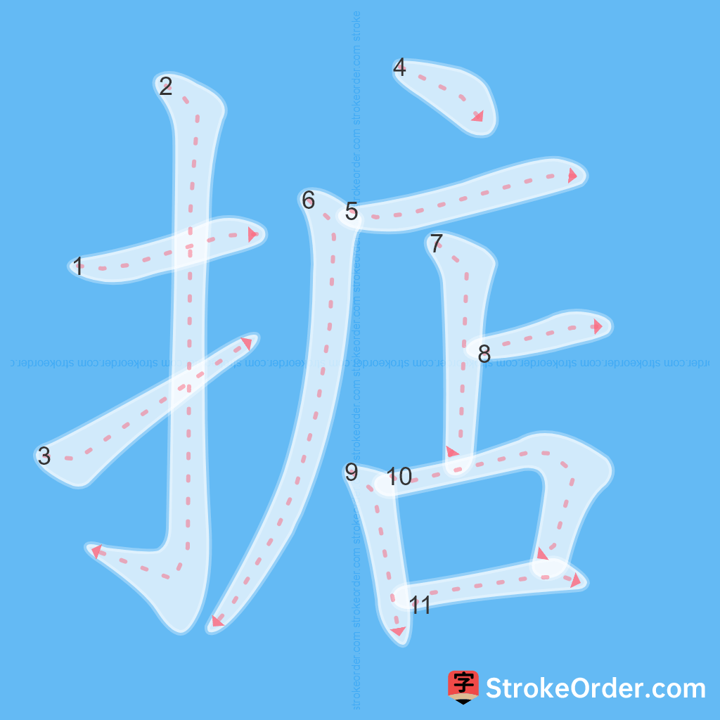 Standard stroke order for the Chinese character 掂