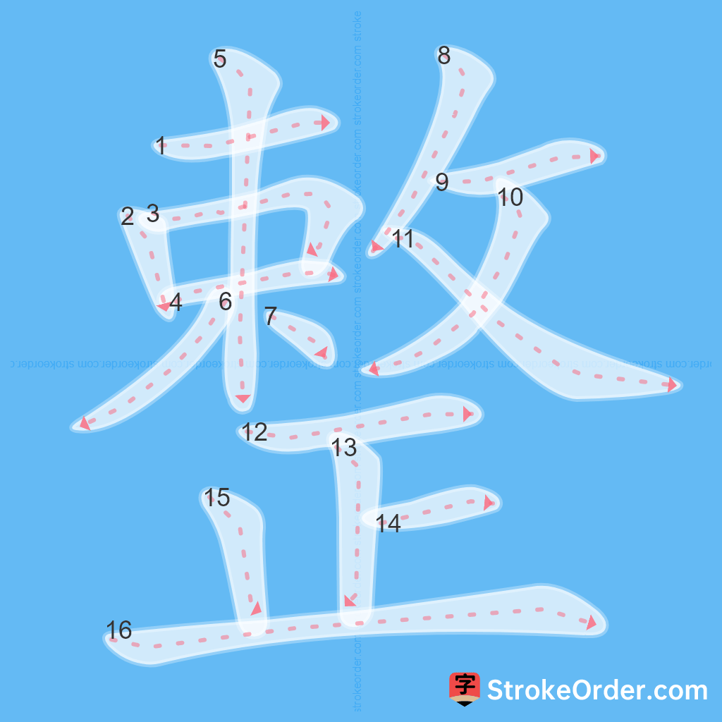 Standard stroke order for the Chinese character 整