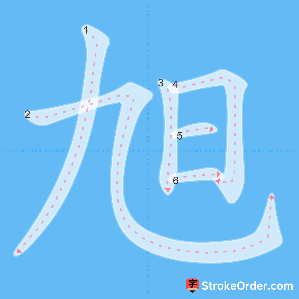 Standard stroke order for the Chinese character 旭