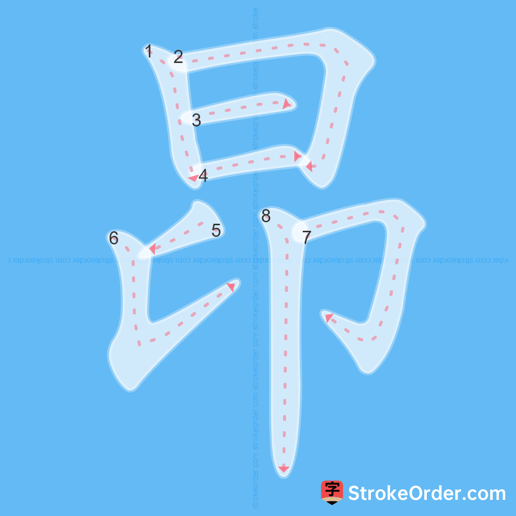 Standard stroke order for the Chinese character 昂