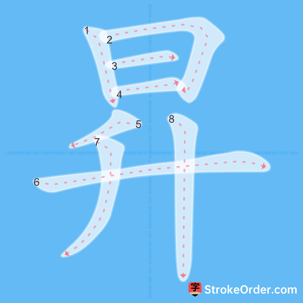 Standard stroke order for the Chinese character 昇