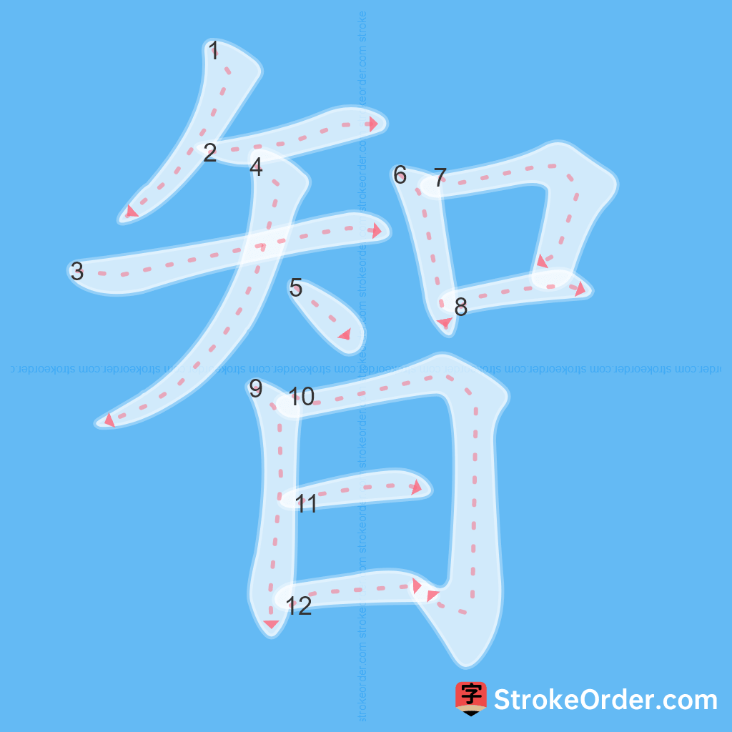 Standard stroke order for the Chinese character 智