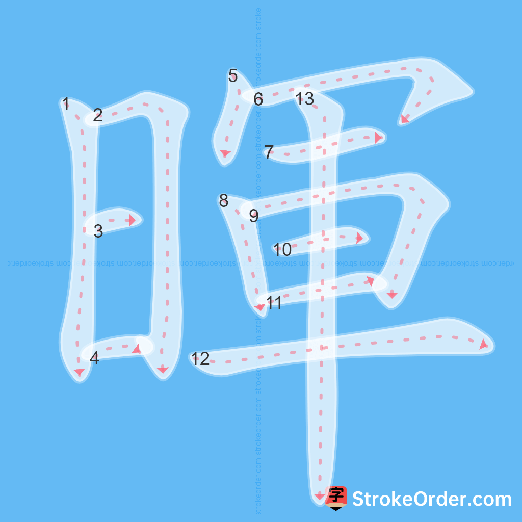 Standard stroke order for the Chinese character 暉