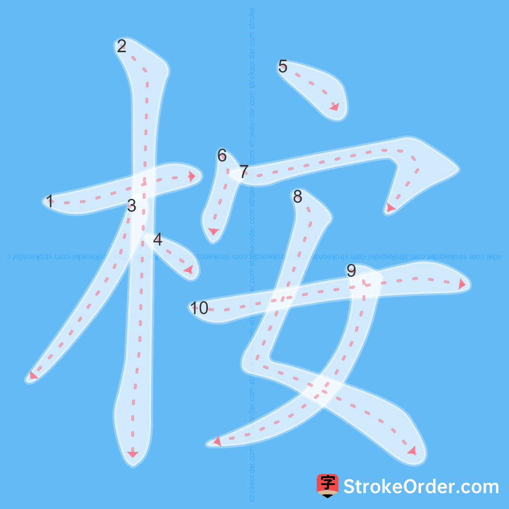 Standard stroke order for the Chinese character 桉