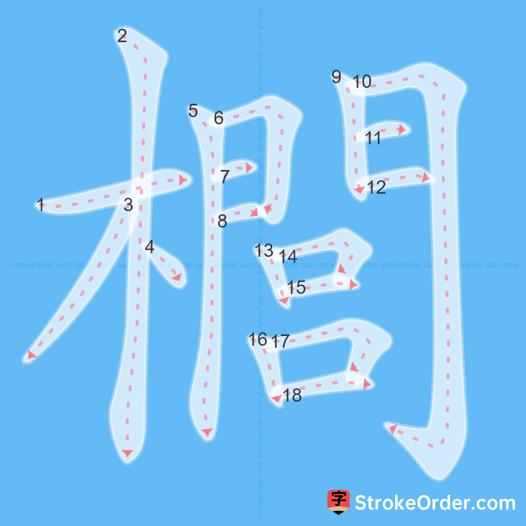 Standard stroke order for the Chinese character 櫚