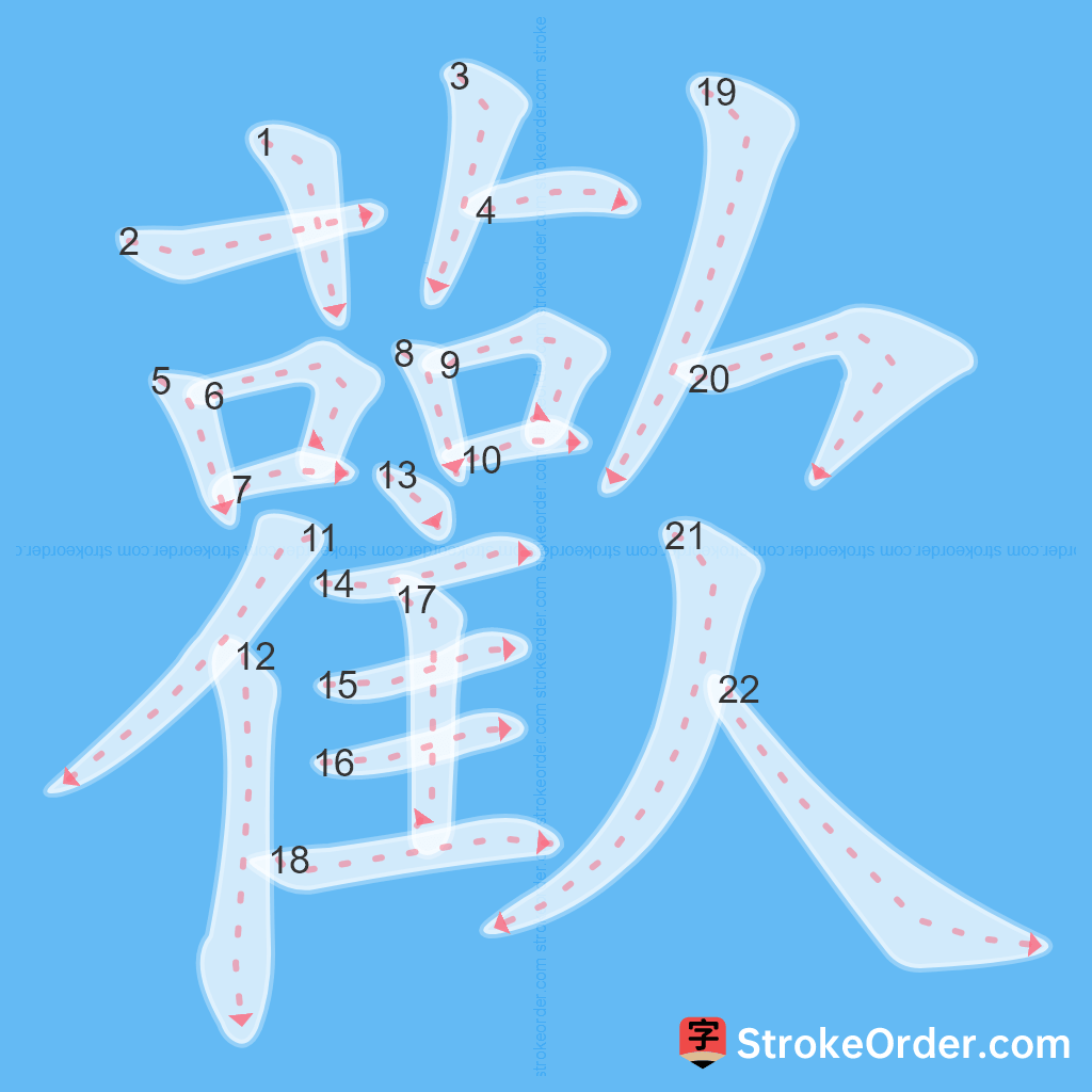 Standard stroke order for the Chinese character 歡