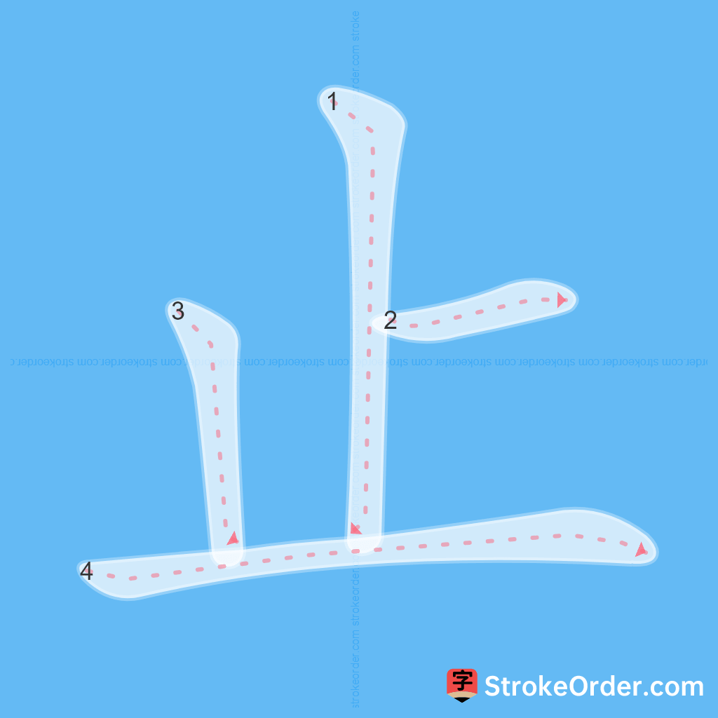 Standard stroke order for the Chinese character 止