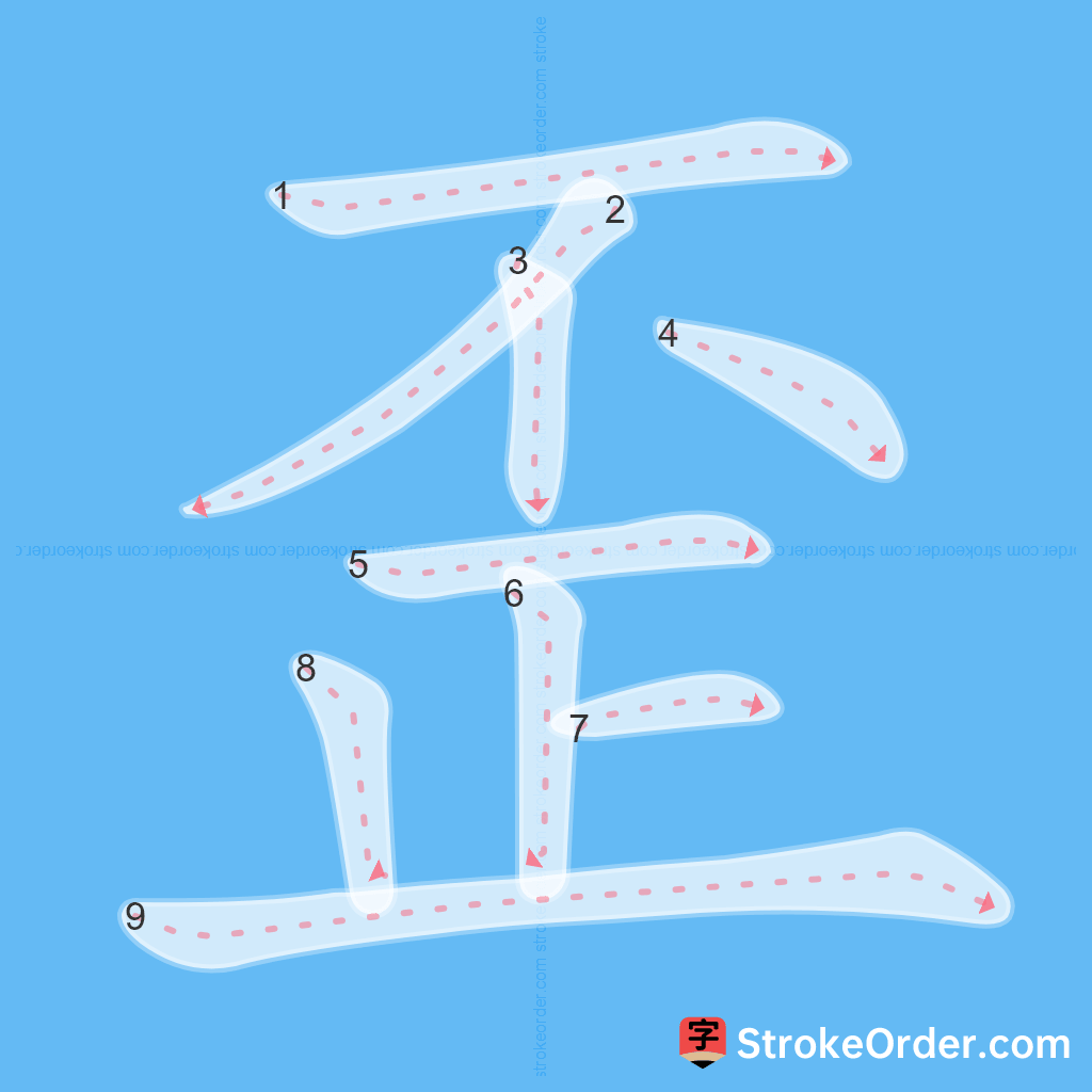 Standard stroke order for the Chinese character 歪