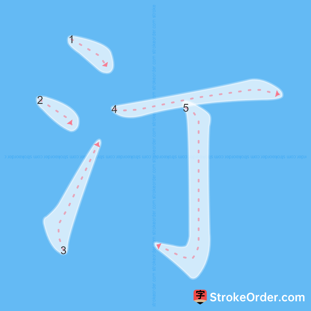 Standard stroke order for the Chinese character 汀