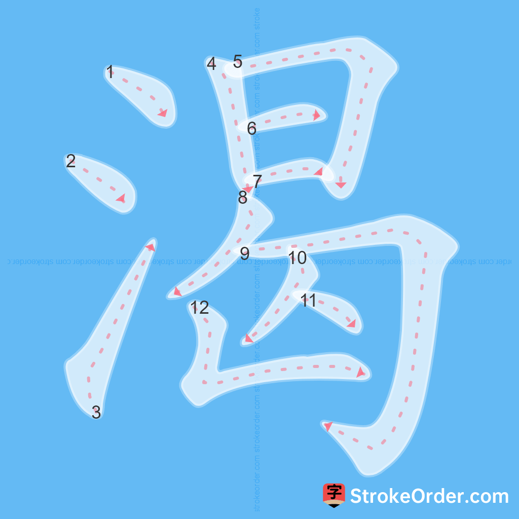 Standard stroke order for the Chinese character 渴