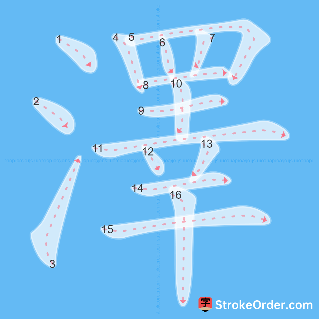 Standard stroke order for the Chinese character 澤