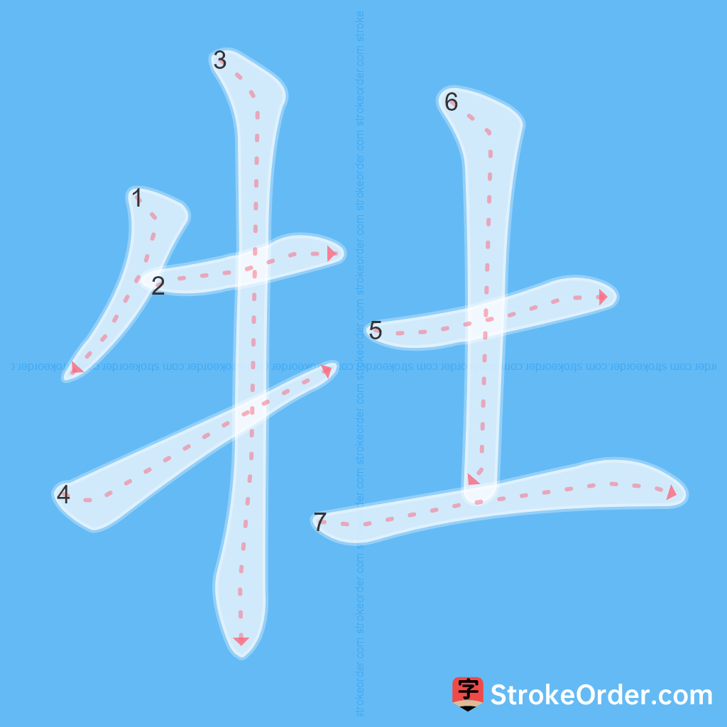 Standard stroke order for the Chinese character 牡