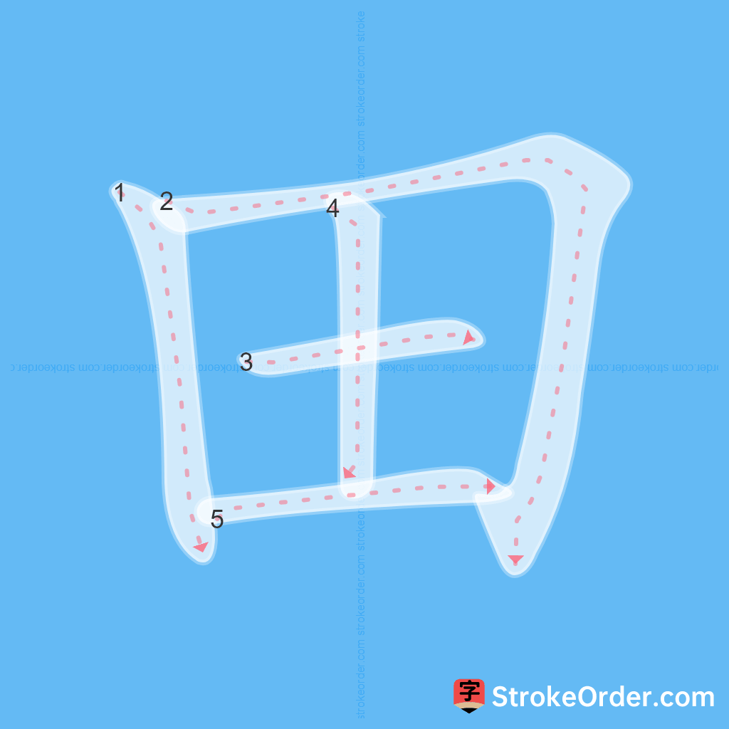 Standard stroke order for the Chinese character 田