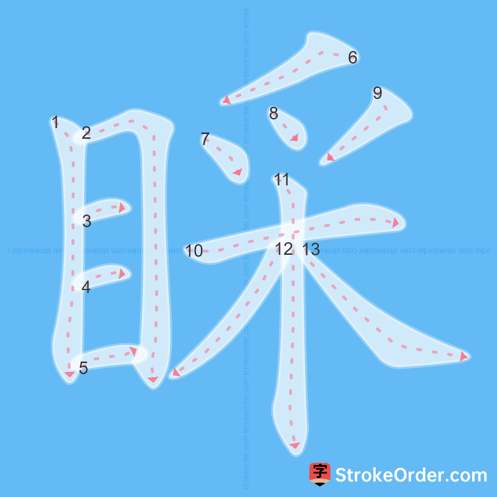 Standard stroke order for the Chinese character 睬