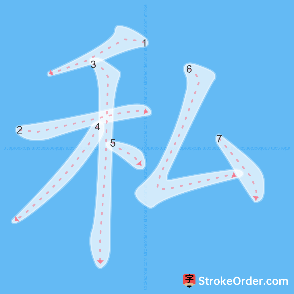 Standard stroke order for the Chinese character 私