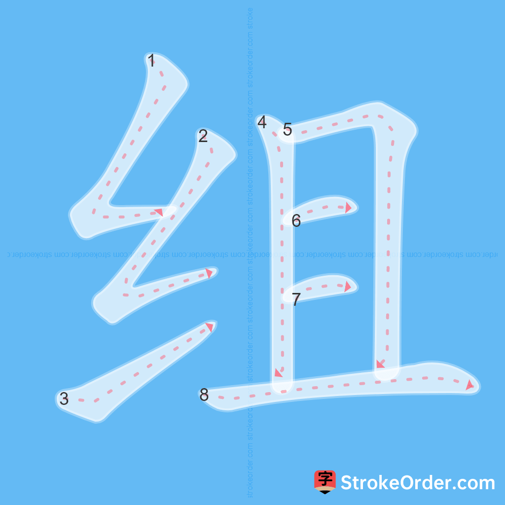 Standard stroke order for the Chinese character 组