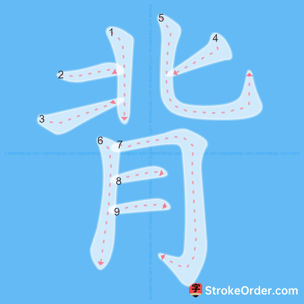 Standard stroke order for the Chinese character 背