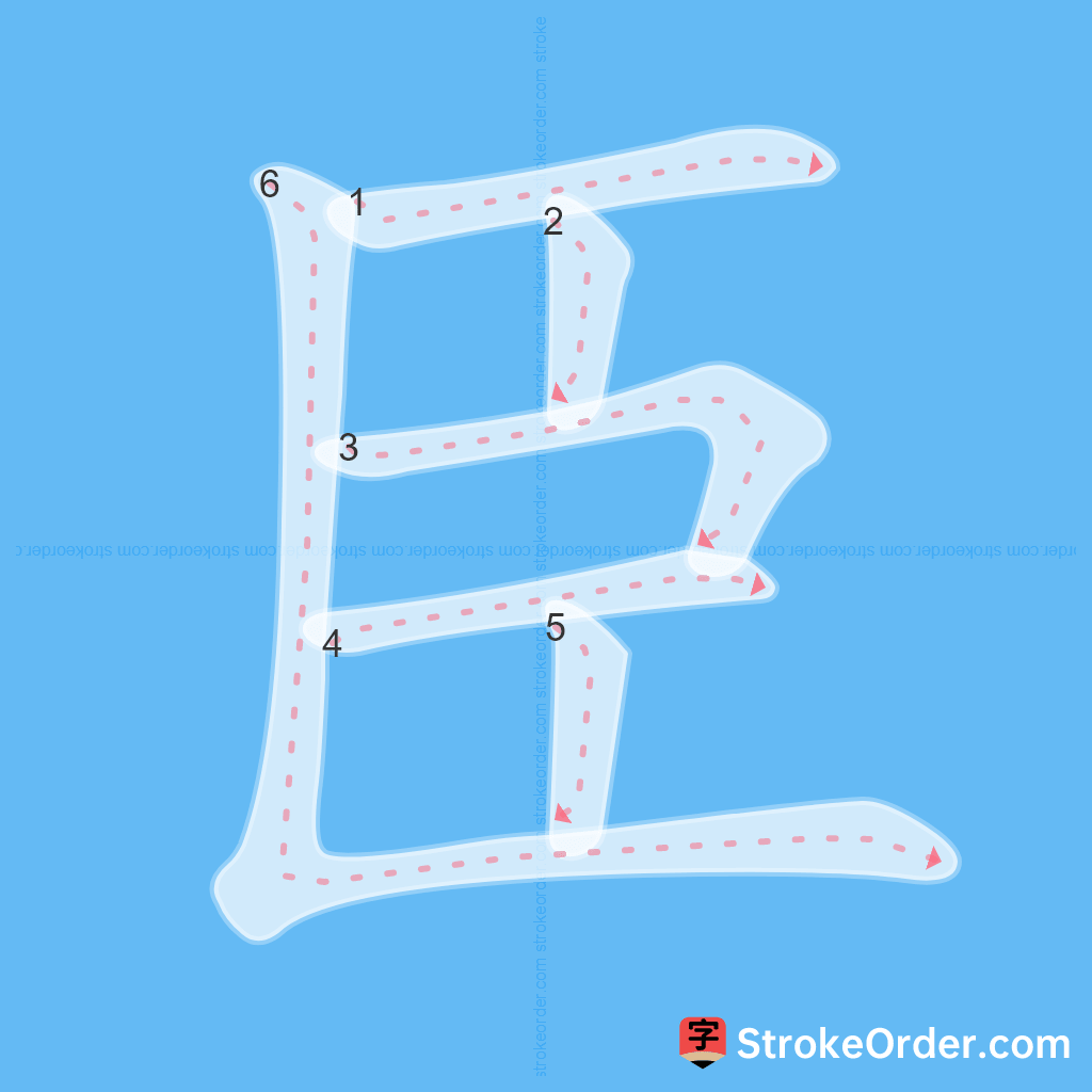 Standard stroke order for the Chinese character 臣