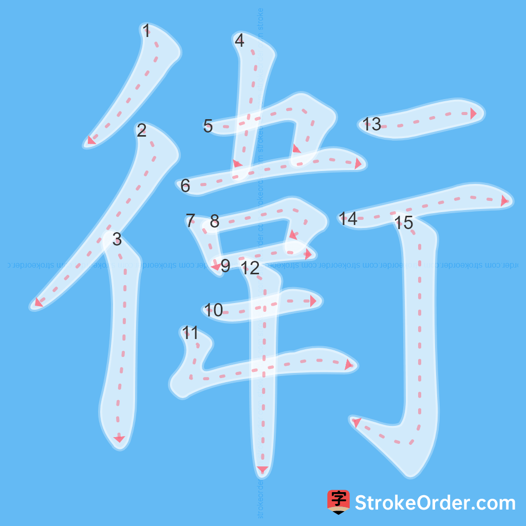 Standard stroke order for the Chinese character 衛