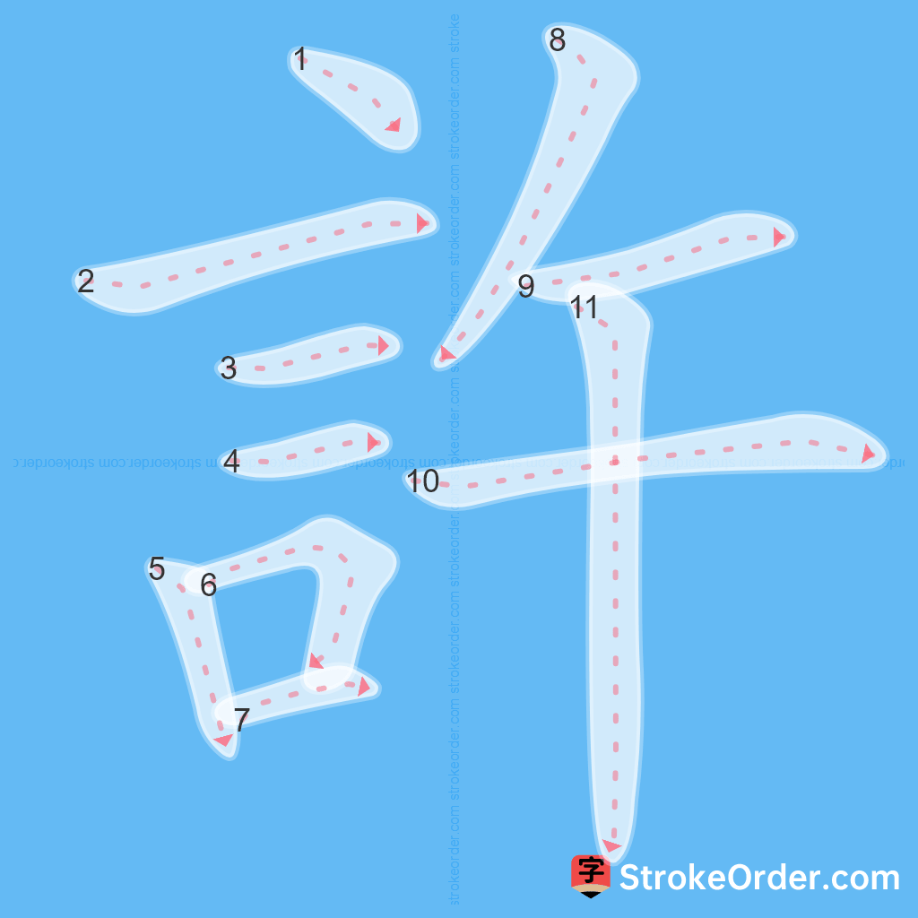 Standard stroke order for the Chinese character 許