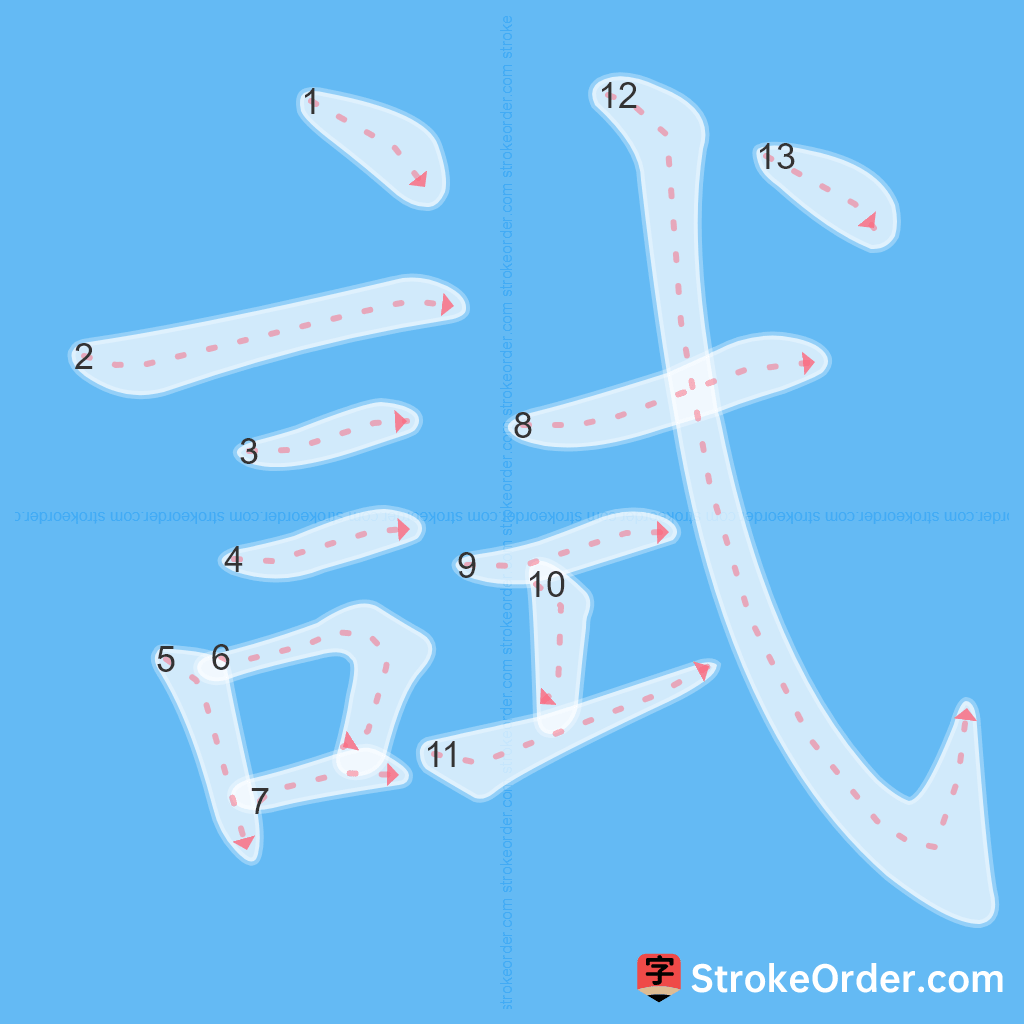 Standard stroke order for the Chinese character 試